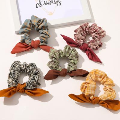 China Soft Scrunchie 3.2inches Women Rabbit Ear Plaid For Girls Retro Elastic Hair Bands Korea Bowknot Headwear Hair Accessories for sale