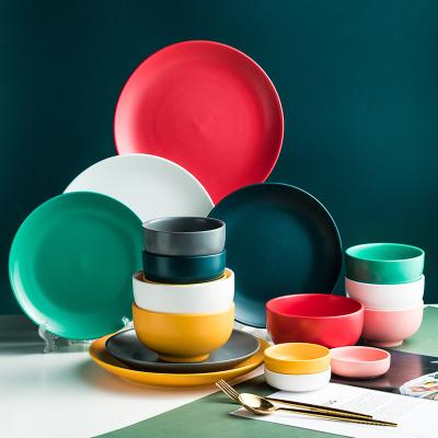 China Amazon Hot Sales Stocked Nortic Matte Color Round Bowls And Dishes Solid Color Luster Ceramic Dinnerware Set AWS110074 for sale