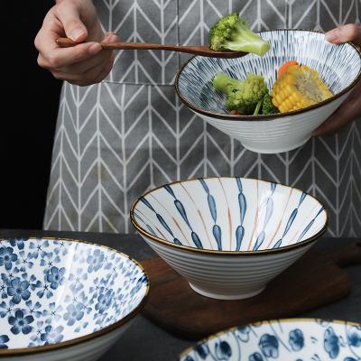 China Amazon Sustainable Hot Sales Nordic Blue Noodle Bowls Japanese Wholesale Porcelain Ceramic Ramen Bowl Customs Package AWS8002 Acceptable for sale