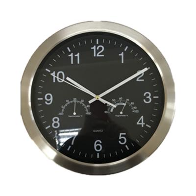 China Modern Black Round FOLDER Quartz Metal Wall Clock with Temperature and Humidity for sale