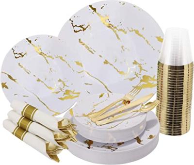 China Disposable White Dish With Gold White And Gold Marble Hotstamp Plastic Dishes Marble Design Plastic Tableware For Weddings And Parties for sale