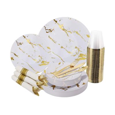 China White and Gold Disposable Plastic Dishes with Plastic Marble Design Disposable Plastic Tableware Ideal for Weddings and Parties for sale