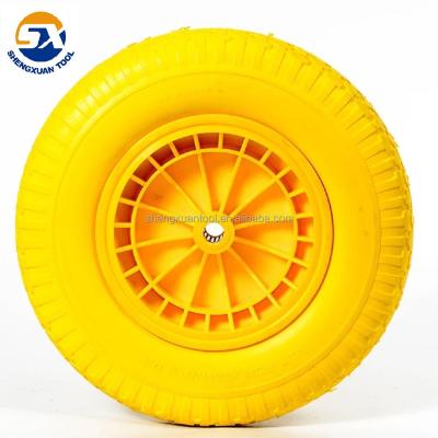 China PU Flat Free Yellow Plastic Solid Tire Rim Color Foam Filled Wheel For Wheelbarrow for sale