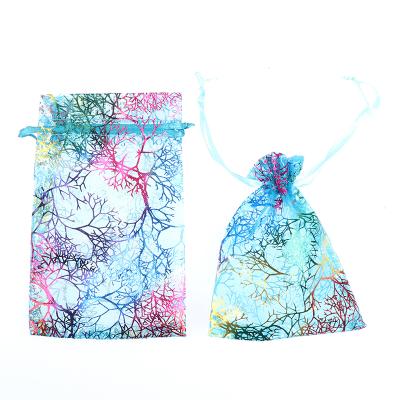 China Promotion Matched Coral Organza Bag Tulle Pattern Sheer Organza Drawstring Bag For Jewelry Gift Packaging for sale