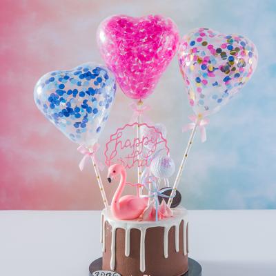 China Latex& Foil Heart Shape 5inch Decorated Cake Topper Confetti Balloon Latex Balloons with Cup Stick and Bow for Cake Decorating for sale