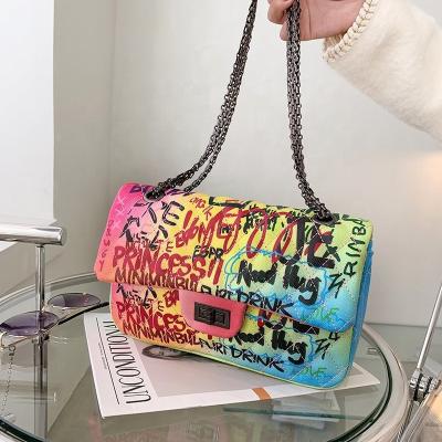 China Fashion Art Printed Princess Pure Rainbow Fashion INS Fashion Graffiti Handbag Colorful Women Bag for sale