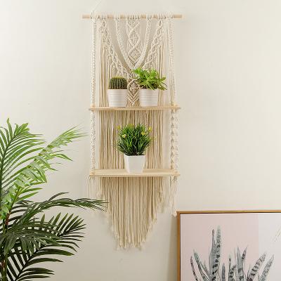 China Art Decor New Boho Cotton Handmade Macrame with Wooden Board Decor Wall Hanging Home Shelf for sale