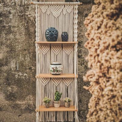 China Art Decor Boho Cotton Living Room Handmade Home Decor Panel Macrame Wall Hanging Wooden Shelf 3-Tier for sale