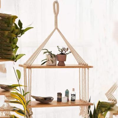 China Art Decor 2 Tier Boho Custom Handmade Plant Macrame Wall Hanging Floating Wood Shelf for sale