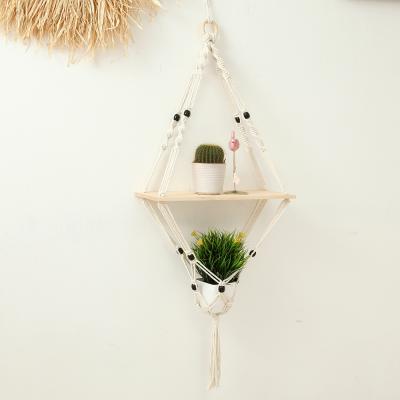 China New Farmhouse Fruit Plant Hammock Wooden Macrame Hanger Panel Decorative Wall Hanging Shelf for sale