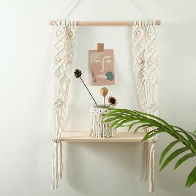 China Art Decor New Floating Handmade Cotton Home Decor Plant Wooden Wall Hanging Shelves Macrame Shelf for sale