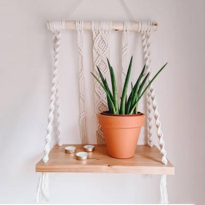 China Handmade Art Decor Boho Style Floating & Woven Macrame Wooden Shelf Wall Hanging Bathroom Display Decor for sale