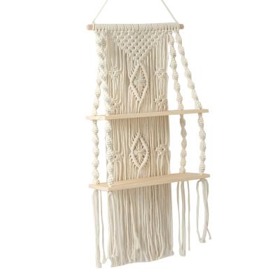 China Art Decor 2 Tier Floating Cotton Plant Handmade Wooden Home Decor Wall Hanging Macrame Shelf for sale