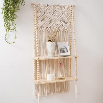 China Custom Home Decor Art Decor 2 Tiers Bohemia Cotton Bead Wood Handmade - Woven Macrame Shelf Wall Hanging for sale