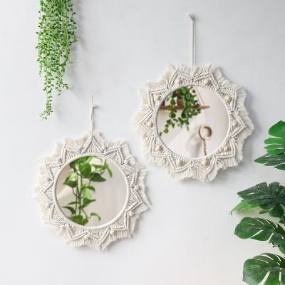 China Home Decor 100% Handmade Woven Cotton Art Decor Boho Round Macrame Mirror Wall Hanging for sale