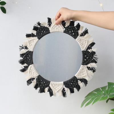 China Art Decor New Design 2021 Boho Colorful Black Handmade Macrame Wall Hanging With Mirror for sale