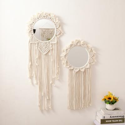 China Handmade Round Wall Hanging Cotton Leaf Macrame Mirror Wall Hanging Art Home Decor Boho Chic Style for sale