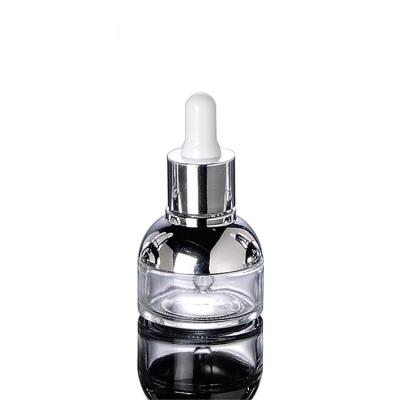 China Circle&Shoulder Design 30ml Unique Design 30ml Personal Care Single Shoulder Round Shoulder Dropper Bottle UV Silver Luxury Glass Essential Bottle for sale