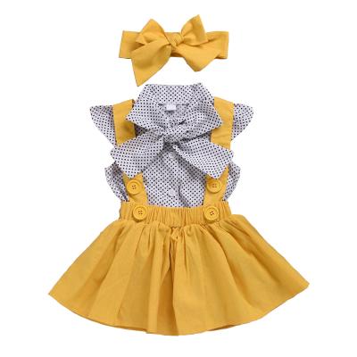 China 3pcs Boutiques Outfit Ruffles Dot Print Washable Shirt Skirts Baby Little Girls Dresses Summer Kids Clothing Set With Headband for sale