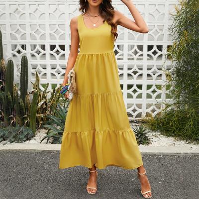 China 2022 New Arrival Women's Elegant Breathable Ruched Summer High Waist Sleeveless Maxi Casual Dresses Floral Sundresses for sale