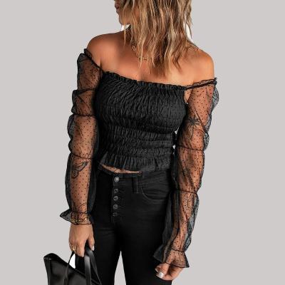 China 2022 Ladies Casual Blouse Women's Breathable Sexy Ripped Tops Off Shoulder Dot Print Long Sleeve Crop Tops for sale