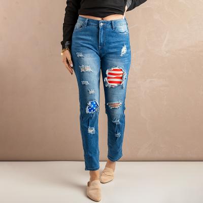 China High Waist Jeans Vintage Rocket Breathable Ripped Jeans With Holes Patchwork Bell Bottom Denim Women Pants Trousers for sale