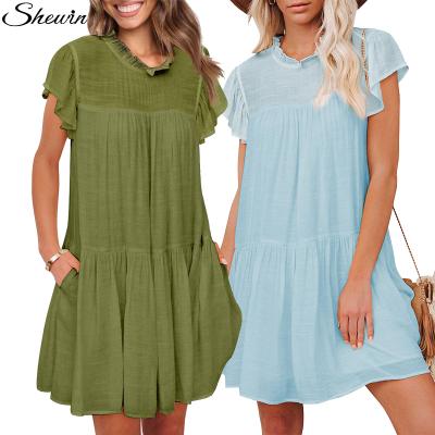 China Anti-Static Casual Sweet Ruched Swing Neck Ruffle Mini Dress Fashion 2022 Summer Dresses Women Ladies for sale