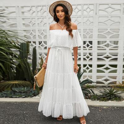 China Casual Elegant Bohemian Chiffon Dot Long Maxi Dress Women Swiss Anti-Static Ladies Fashion Ruffled Off Shoulder Dresses for sale