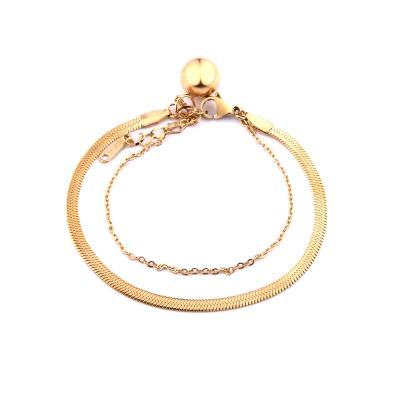 China Wholesale CLASSIC Jewelry Double Gold Plated Stainless Steel Flat Snake Bracelet Steel Bead Charm Bracelet for sale