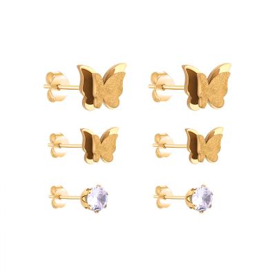 China CLASSIC size two pairs of butterfly and claw zirconia three pieces set of high quality stainless steel stud earrings set for sale