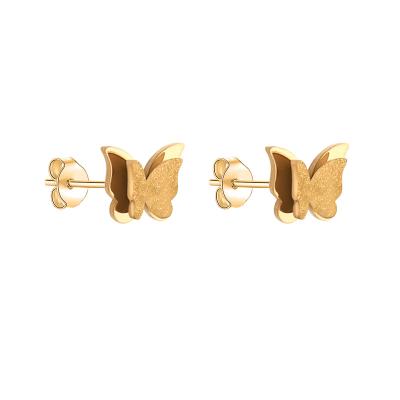 China CLASSIC Gold Plated Shiny Women's Stainless Steel Jewelry Delicate Double Frosted Gold Plated Butterfly Stud Earrings 9MM for sale