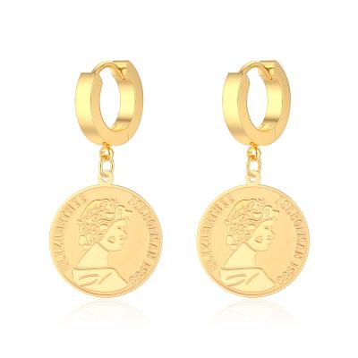 China CLASSIC Vintage Queen Head Stainless Steel Atmospheric Gold Plated Coin Dangle Earrings for sale