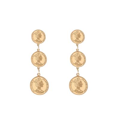 China CLASSIC Hot Selling Vintage Queen Head Long Dangle Earrings Gold Plated Geometric Coin Circle Dangle Earrings for sale