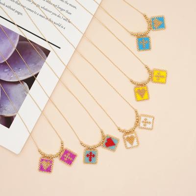 China Go2Boho New Arrival BOHEMIA Rectangle Peach Heart And Cross Pending Necklace For Women Gold Filigree Chain Jewelry Miyuki Beads Necklace for sale