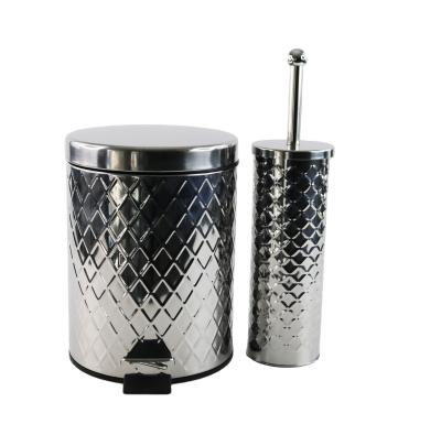 China Latest Body Design Metal Waste Bin Viable Embossed Waste Bin With Toilet Brush Cleaning Set for sale