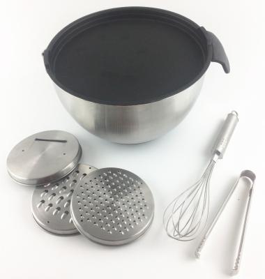 China Professional Stainless Steel Viable Promotional Kitchenware Grater Food Tongs and Eggbeater Mixing Salad Bowl for sale