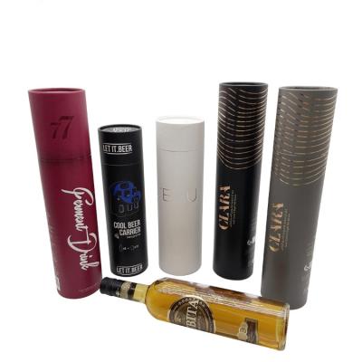 China Recyclable Custom Design Recyclable Kraft Paper Round Tube Whiskey Wine Glass Bottle Packaging Box Gold Logo Black Cylinder Paper Wrapping for sale