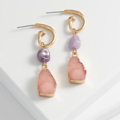 China TRENDY gold plated amethyst stone druzy drop woman jewelry healing quartz dangle earrings for sale