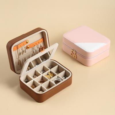 China Mini Recyclable Korean Box Packaging Gift Box With Mirror Girl Flannel Leather Makeup Ring Earrings Jewelry Box With Lock Portable Storage for sale