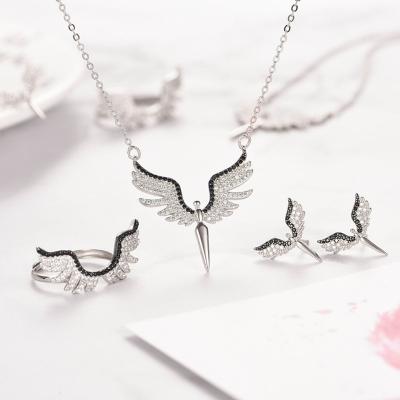 China Ethnic Guardian Angel Jewelry Set Diamond Ring Necklace Earrings Full Three Piece Angel Wing Set for sale