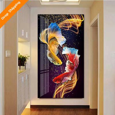 China 2021 New Classic/Postmodern Diamond Painting Home Front Office Decoration 5D Color Goldfish Crystal Porcelain Painting Living Room Wall Decor for sale