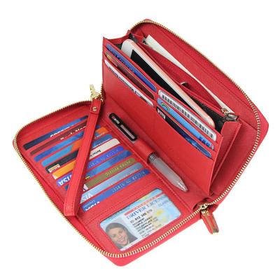 China RFID Ladies Travel Zip Clutch Wallets Red Black Wristband Designer PU Women Leather Card Package for sale