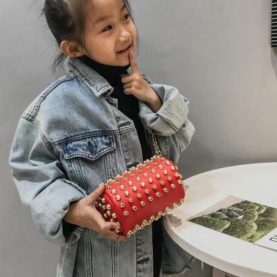 China High Quality Small Girls Punk Mini Bucket Bags Rivet Chain Cross - Body Shoulder Bags Clips Children Kids Handbag for sale