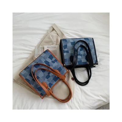 China Fashion Blue Jeans Patched Pattern Tote Bags Plaid Ins Branded Casual Shoulder Armpit Clip 2022 Large Stitched Handbags Women Clip for sale