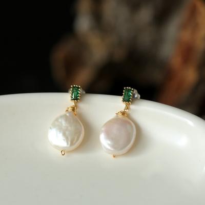 China Wholesale Trendy Fashion Jewelry HuPo.HuTu Square Baroque With Green CZ And Freshwater Pearl Dangle Earrings For Girl's Daily Life for sale