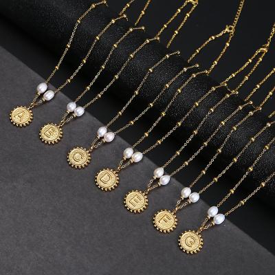 China New Fashion CLASSIC Jewelry Freshwater Pearl Pearl Wrapped Coin Chain Initials A to Z Waterproof Stainless Steel Plated Pendant Necklace for sale