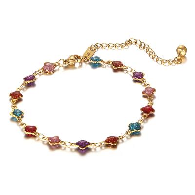 China New Fashion Summer Style Wholesale Trendy Cable Chain Women's Colorful HuPo.HuTu Leaf Charm Stainless Steel Anklet Jewelry 20.5cm Length for sale