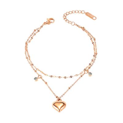 China New Trendy Wholesale Women Fashion Summer Beach Pearl Chain 3D Heart Pendant Charm Anklet Chain Jewelry Rose Gold Stainless Steel Waterproof for sale