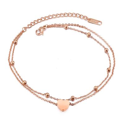 China Simple 18K Gold Double Chain 18K Gold Beach Summer Fashion Stainless Steel Anklet Jewelry Vacation Charm Beaded Pendant Wholesale TRENDY Heart for sale