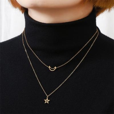 China Custom Office / Career Double Layered Sweater Necklace Stainless Steel For Women Design 18K Gold Plated Jewelry Moon And Star Necklace Along for sale